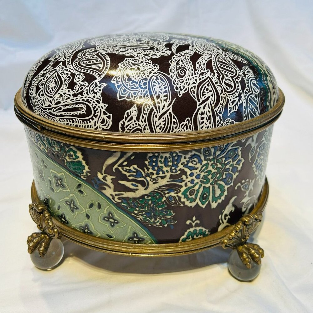 Castilian Imports Vintage Porcelain Keepsake Box, Bronze Footed with Crystal Orb